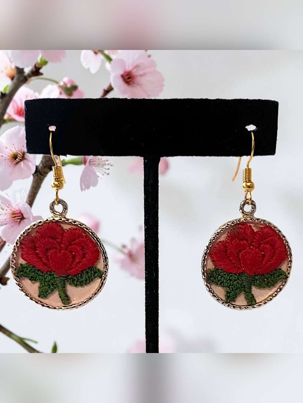 Vintage Embroidered Rose Dangle Earrings Gold Tone Floral Boho Signed BJ Cottage